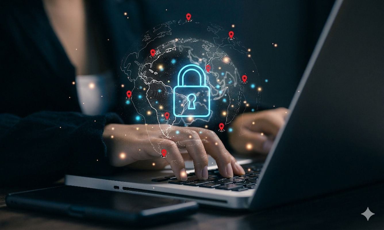 Photo of an employee working on a laptop, with illustrations of IT security 