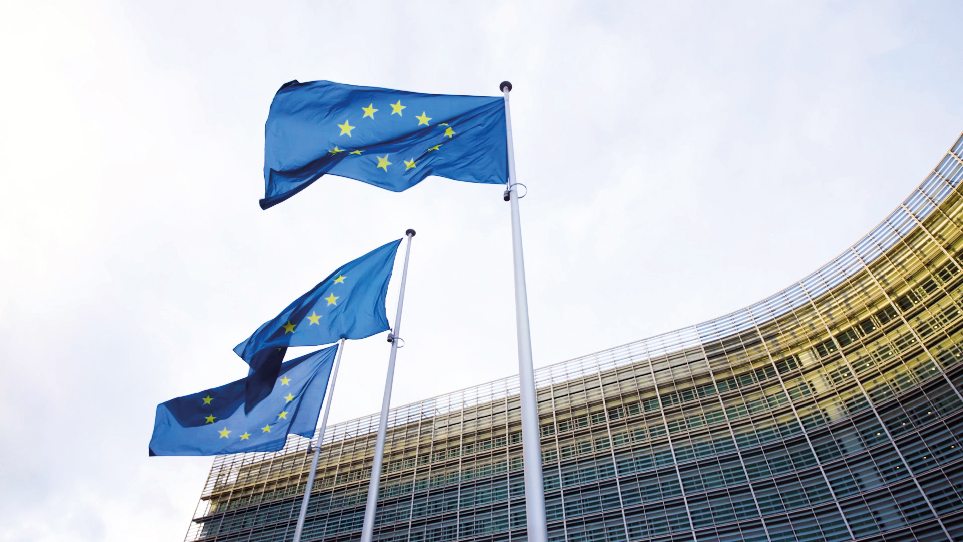 Photos of European flags in the European Quarter in Brussels